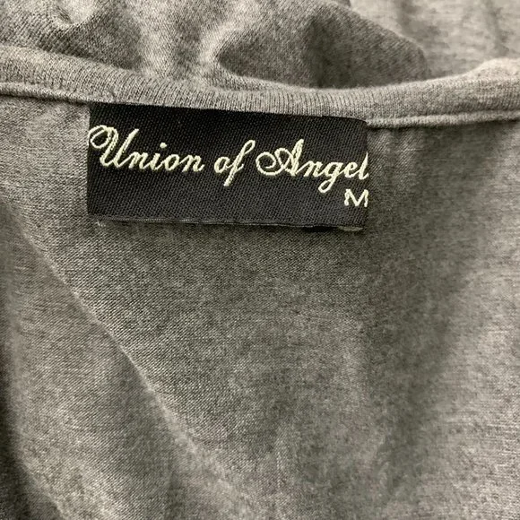 Union of Angels Ruffle Front Sheath Dress M Grey Leather Lace Up Stretch Knit - Picture 6 of 6